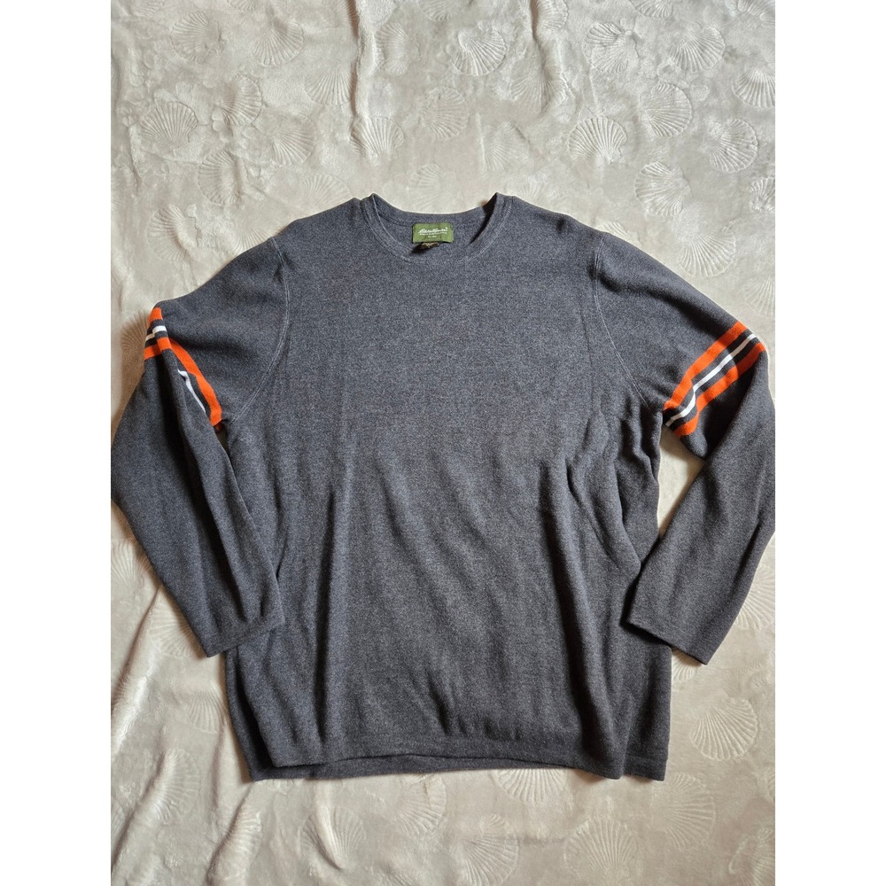 Eddie Bauer Mens XXL Gray Cotton Crewneck Sweater Orange White Sleeve Stripes